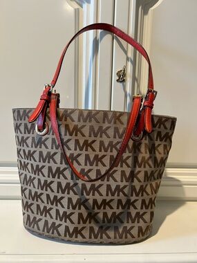 Michael Kors Brown MK Monogram Tote with Red Leather Straps